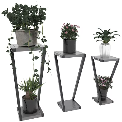 Modern Garden Decor With Metal Plant Stands And Potted Green Flowering Plants 3d model