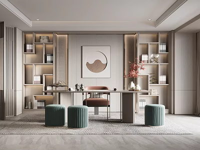 Modern Study Room Interior With Bookshelves Desk Chair Stools And Decorative Painting 3d model
