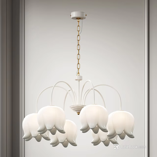 White Petal Shaped Chandelier With Gold Chain Modern Elegant Interior Lighting 3d model 