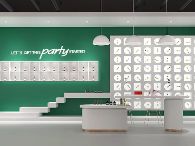 Modern Public Office Space With Green Wall Clock Decorations White Steps And Pendant Lights 3d model