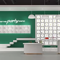 Modern Public Office Space With Green Wall Clock Decorations White Steps And Pendant Lights