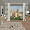 Cozy Study Room Interior Design With Wooden Desk Chair Bookshelves Rug And City View
