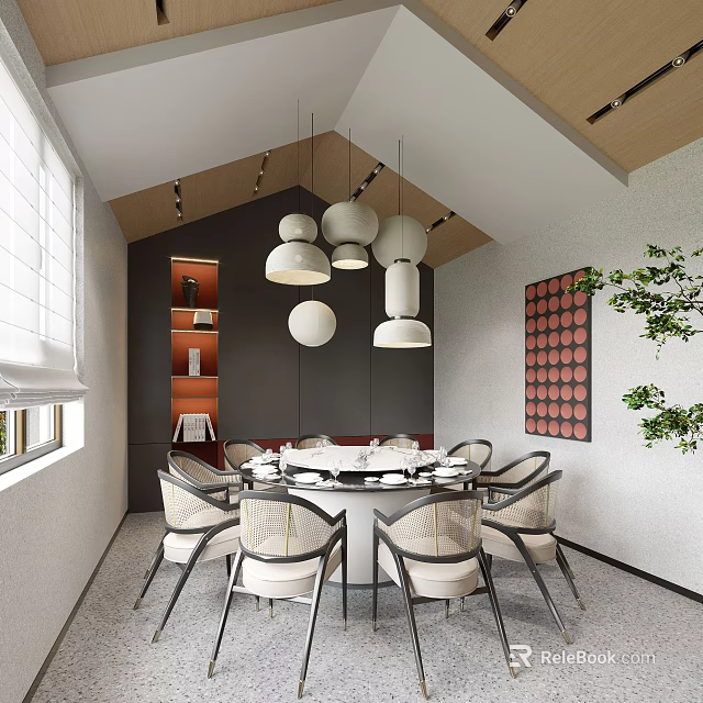Modern Private Dining Box Interior With Round Table Chairs And Pendant Lights 3d model