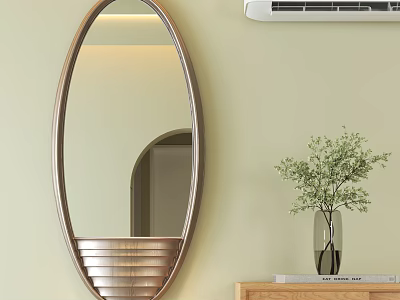 Oval Metal Frame Mirror On Light Wall Near Wooden Table With Green Plant Vase 3d model