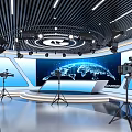 Modern Tech Studio Interior With White Conference Table Black Chairs Blue Screens And Lighting Equipment