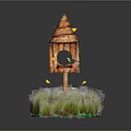 Wooden Birdhouse With Small Bird Perched On Grass Base And Yellow Leaves