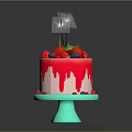Birthday Cake With Red Dripping Frosting Fresh Fruit Toppings And Sparklers On Green Cake Stand