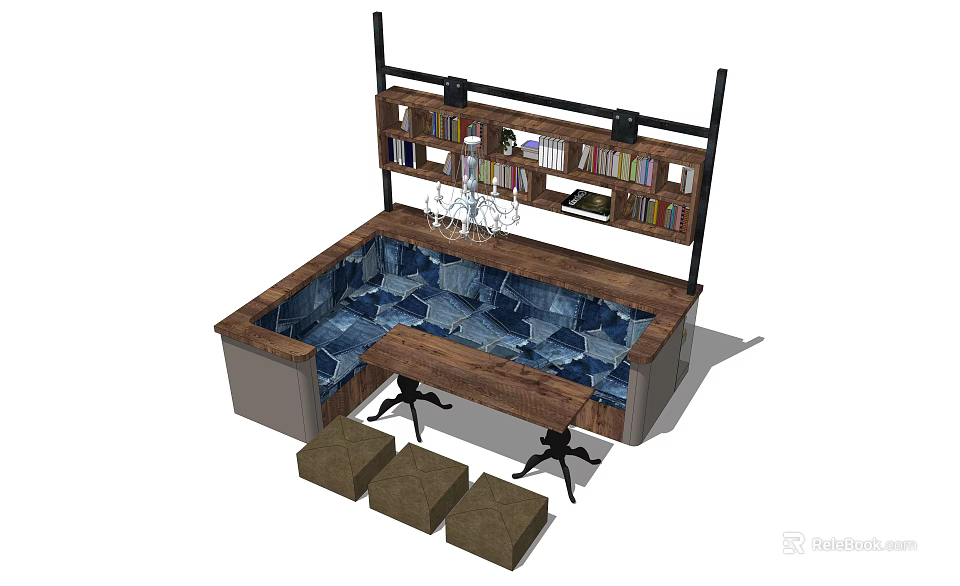 Modern Public Chair Design With Bookshelf Chandelier And Wooden Cushioned Seats 3d model 