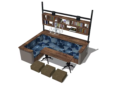 Modern Public Chair Design With Bookshelf Chandelier And Wooden Cushioned Seats 3d model