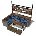 Modern Public Chair Design With Bookshelf Chandelier And Wooden Cushioned Seats