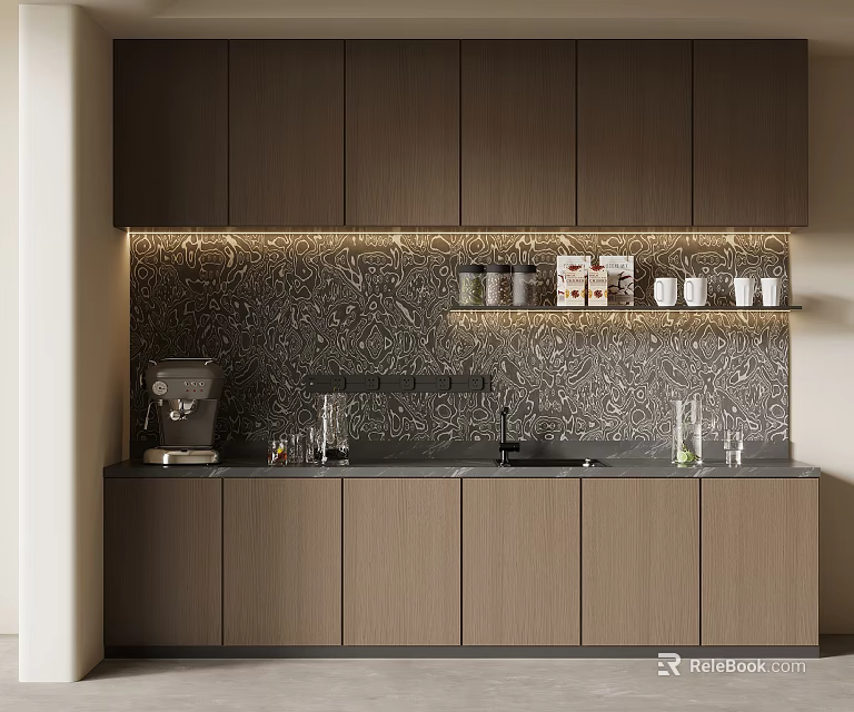 Modern Wooden Wine Cabinet Design With Built-in Lighting And Wine Bottle 3d model 