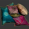 Colorful Decorative Pillows Stacked With Blue Pink Orange Gold Patterns And Solid Designs