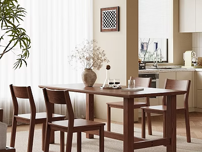 Wooden Dining Table And Chairs With Vase Decorations Plant Wall Art Window And Kitchen 3d model