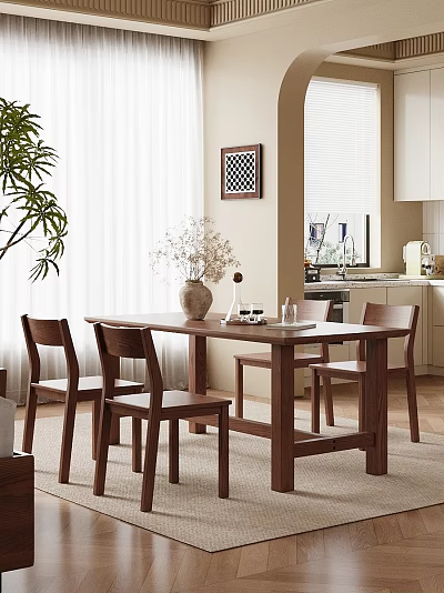 Wooden Dining Table And Chairs With Vase Decorations Plant Wall Art Window And Kitchen 3d model
