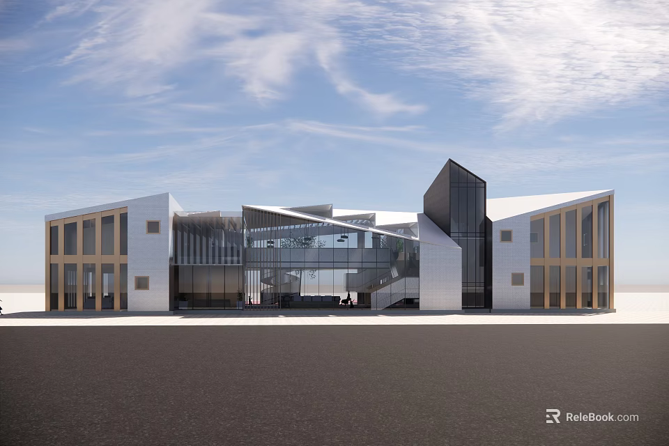 Modern Sales Office Architectural Exterior With Glass Facade And Angular Design 3d model 