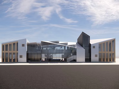Modern Sales Office Architectural Exterior With Glass Facade And Angular Design 3d model