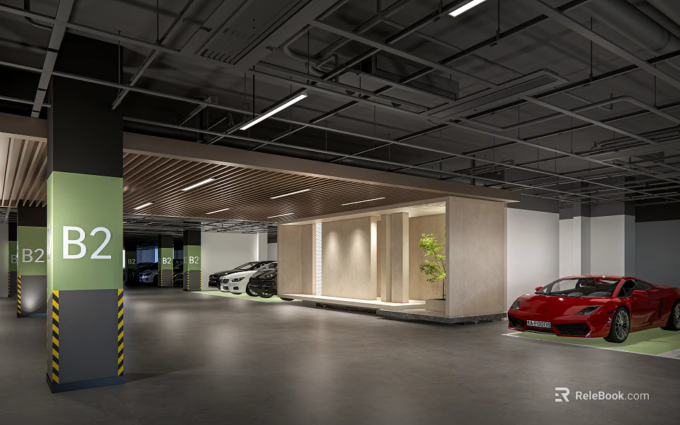 Modern B2 Parking Garage with Wooden Decor Green Plant and Luxury Cars 3d model 