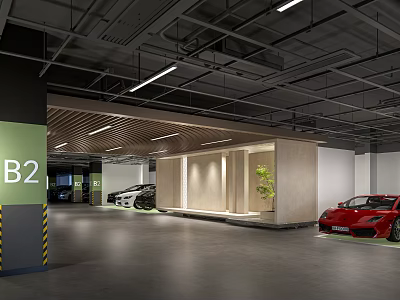 Modern B2 Parking Garage with Wooden Decor Green Plant and Luxury Cars 3d model