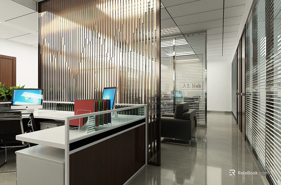 Modern Office Corridor Interior With Glass Partitions Desks Computers And Leather Sofa 3d model 