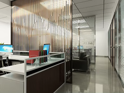 Modern Office Corridor Interior With Glass Partitions Desks Computers And Leather Sofa 3d model