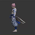 3D Model Male Character Pink Hair Blue Tattoos Blue Belt Torn Pants Muscular Standing Pose