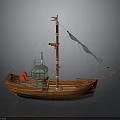 Wooden Sailboat Model With Brown Hull Green Sails Red Lifebuoy And Green Lantern