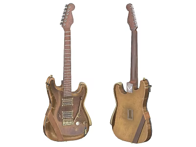 Vintage Wooden Electric Guitar Front And Back View With Body Neck And Strings 3d model