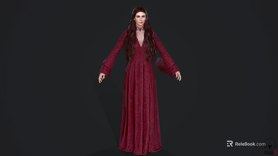 Elegant Game And Movie Character In Red Long Dress With Long Hair 3d model 