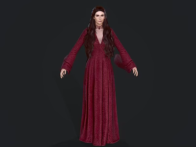 Elegant Game And Movie Character In Red Long Dress With Long Hair 3d model