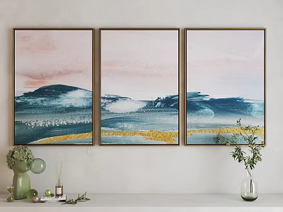 Three Panel Abstract Landscape Wall Art With Wooden Frames And Decorative Shelf Plants 3d model