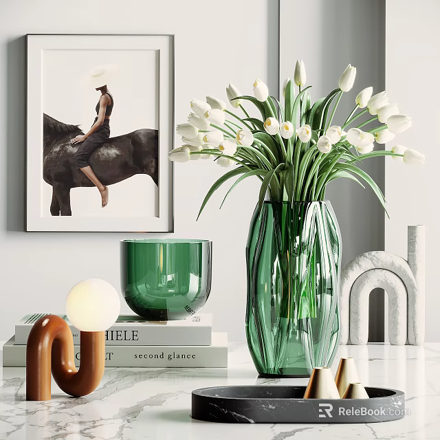 Decorative Ornament Combination Featuring Green Vase White Tulips Green Glass Candle Holder Books Arch Decor 3d model 
