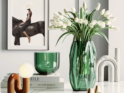 Decorative Ornament Combination Featuring Green Vase White Tulips Green Glass Candle Holder Books Arch Decor 3d model