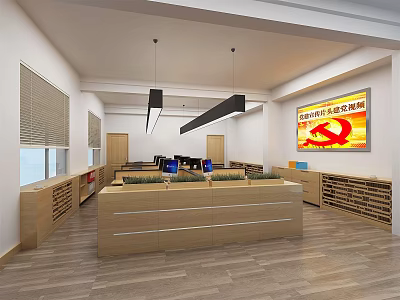 Spacious Modern Public Office Area With Open Layout Desks Computers And Hanging Lights 3d model