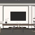 Modern Minimalist TV Wall Design With White Cabinets Wooden Stand Flat Screen TV And Decorative Items
