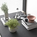 Black Table Decor With Green Plants Books Vase Copper Bowl And Glassware