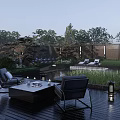 Modern Garden Landscape Featuring Black Stone Walls Bonsai Tree Wooden Pergola And Grass Lighting