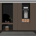 Modern Dressing Room Interior With Wooden Cabinets Hanging Shirts And Round Mirror