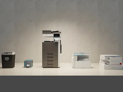 Essential Modern Office Appliances Shredder Printer Copier And Scanner On Worktable 3d model