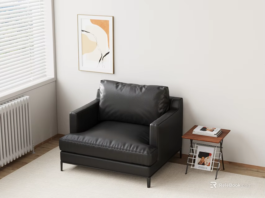 Black Leather Single Sofa With Side Table Magazines And Decorative Painting By Window 3d model