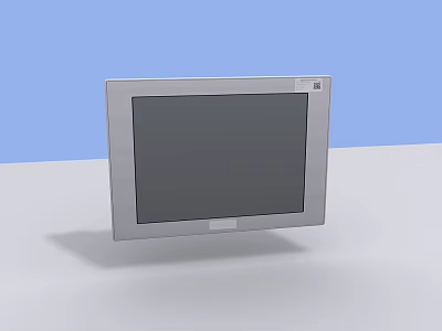 Computer Monitor with Silver Frame and Black Screen on White Desk Light Blue Background 3d model