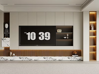 Modern Living Room Interior With TV Wall Wooden Slats Backdrop Marble Countertop And Display Shelves 3d model