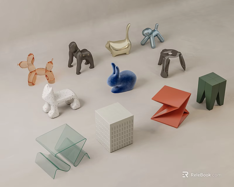 Creative Decorative Stools With Various Animal Shaped And Geometric Designs In Multiple Colors 3d model
