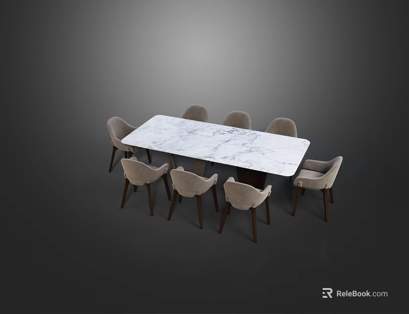 Modern Rectangular Marble Top Dining Table Set With Light Gray Upholstered Chairs Dark Legs 3d model