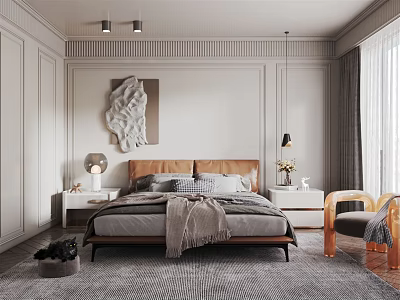 Modern Bedroom Interior Design With Brown Headboard Gray Bedding Abstract Art And Paneled Walls 3d model