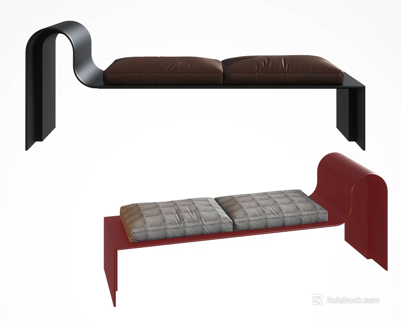 Modern Upholstered Benches with Black Red Frames and Brown Gray Cushions 3d model