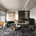 Modern Living Room Interior With Green Sofa Wooden Coffee Table Orange Armchair And Open Shelves
