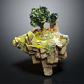 Cartoon Scene of Floating Rock Platform With Green Trees Small House Animals and Path