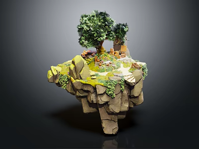 Cartoon Scene of Floating Rock Platform With Green Trees Small House Animals and Path 3d model