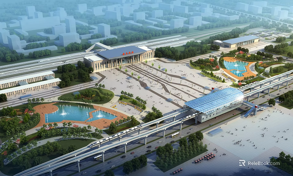 Modern Railway Station Plaza With Main Building Fountains Green Areas And Elevated Tracks 3d model 
