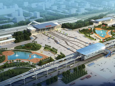 Modern Railway Station Plaza With Main Building Fountains Green Areas And Elevated Tracks 3d model